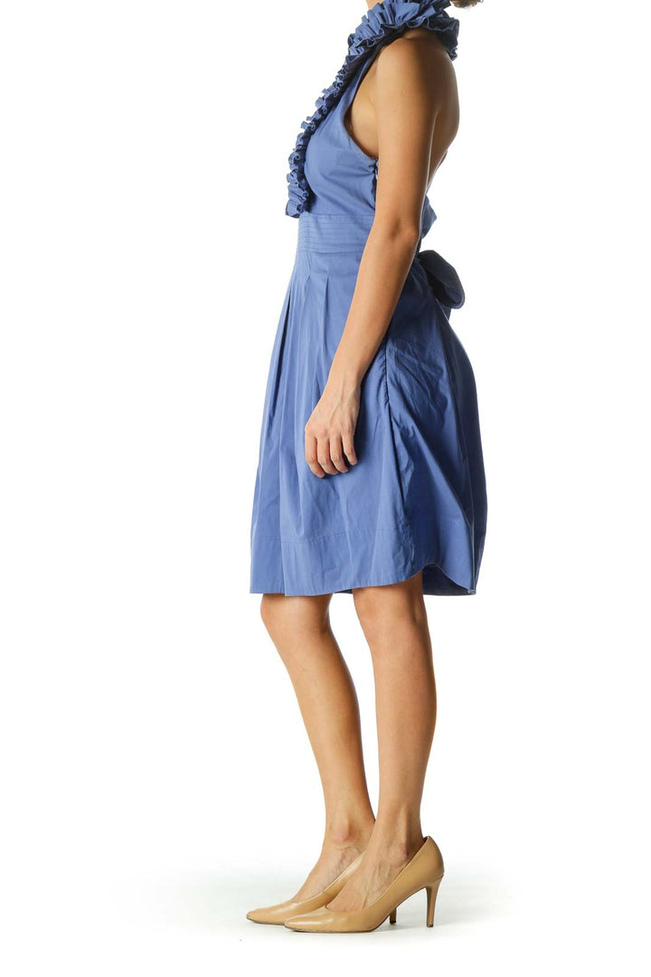 Blue V-Neck Ruffled Belted Open Back Stretch Day Dress