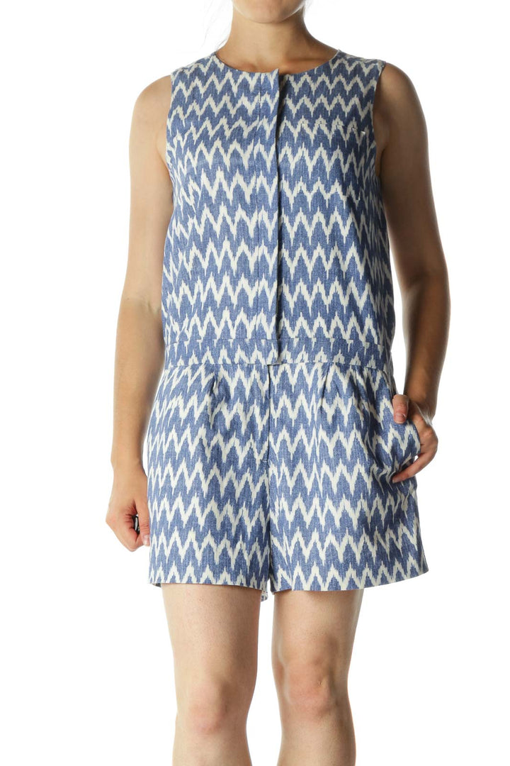 Blue White Linen Cotton Blend Print Buttoned Pocketed Romper