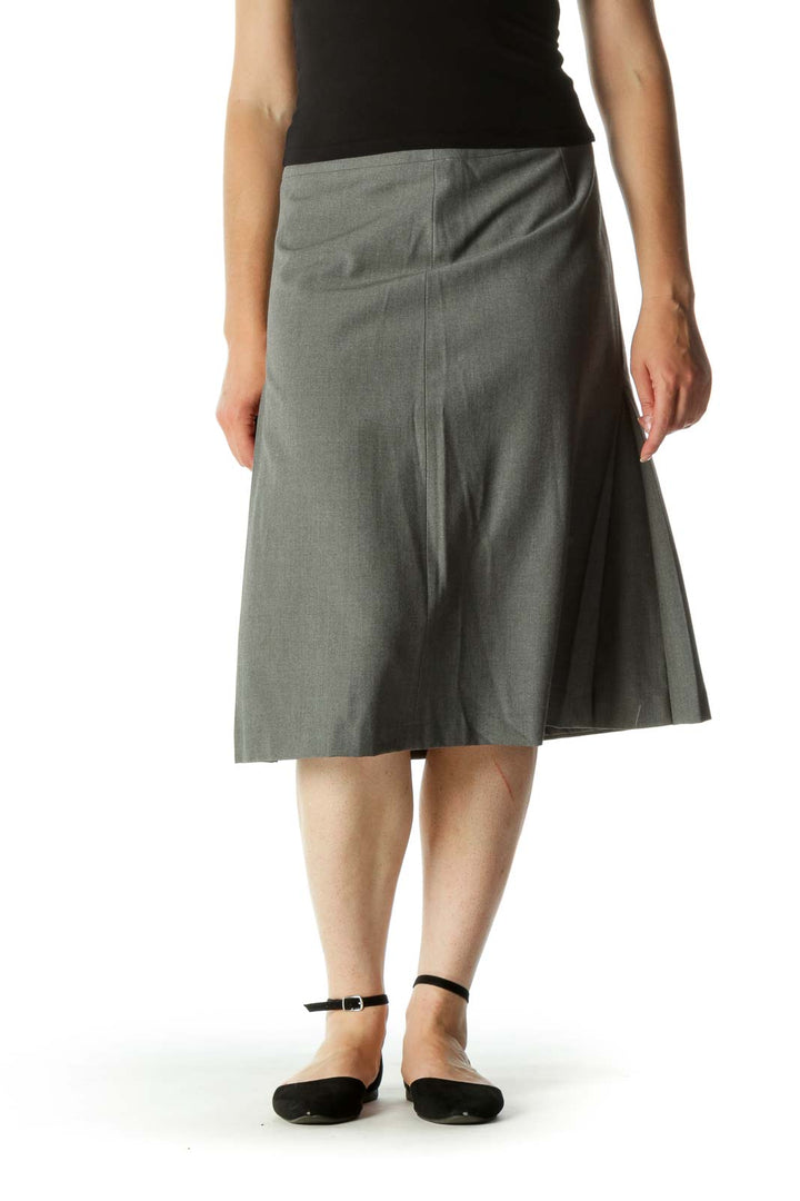 Gray Wool Blend A-Line Pleated Midi Skirt