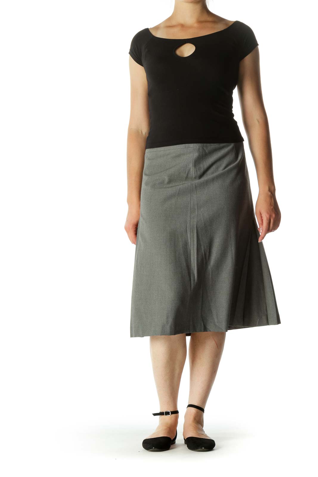 Gray Wool Blend A-Line Pleated Midi Skirt