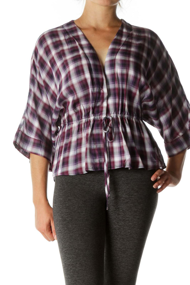 Purple Plaid Waist-Tie Blouse