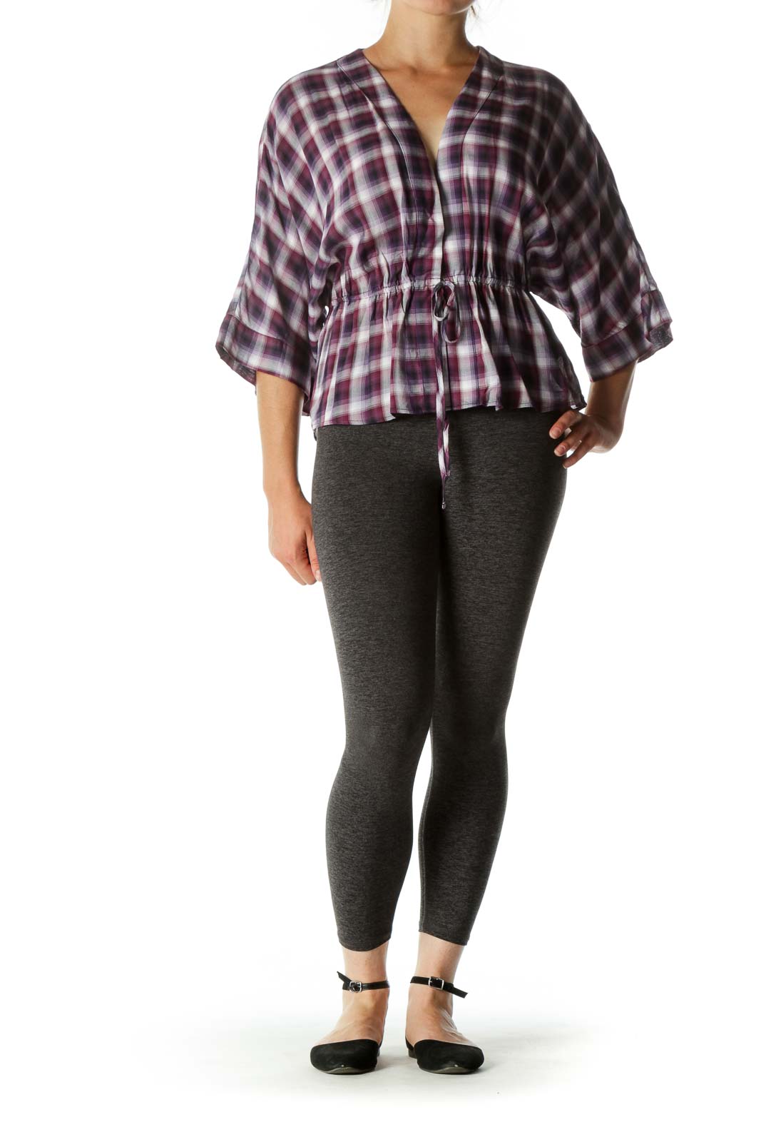 Purple Plaid Waist-Tie Blouse