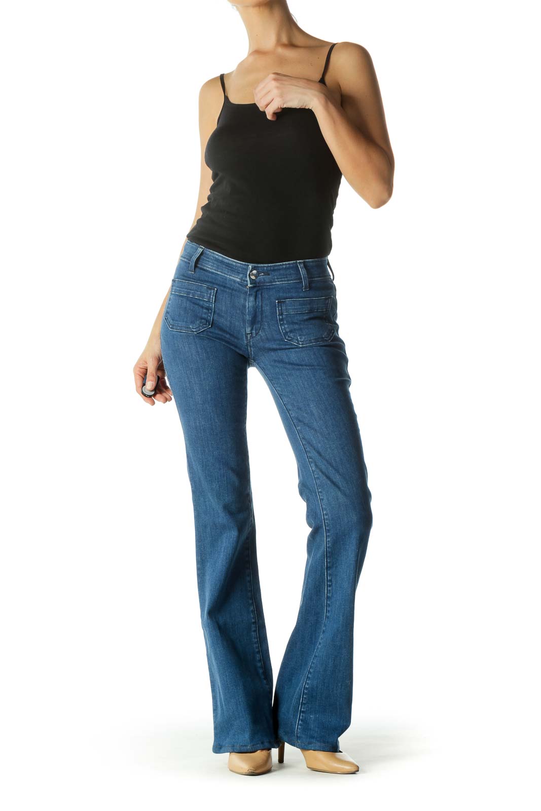 Blue Pocketed Flared Denim Jeans