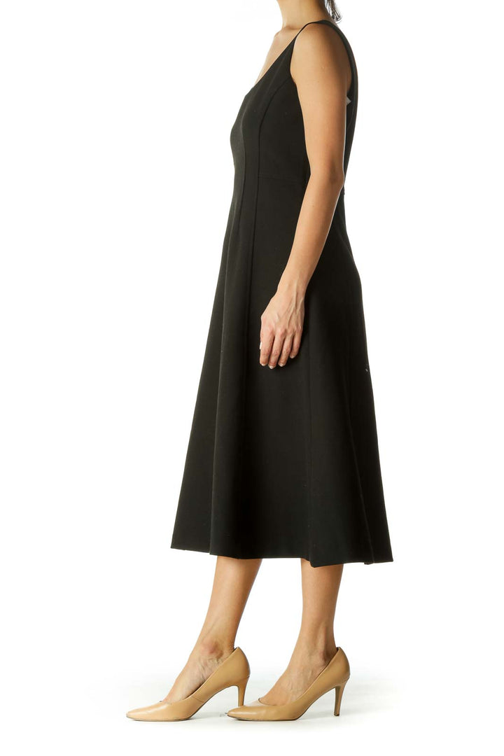 Black Round Neck Textured Medium-Weight Stretch A-Line Dress