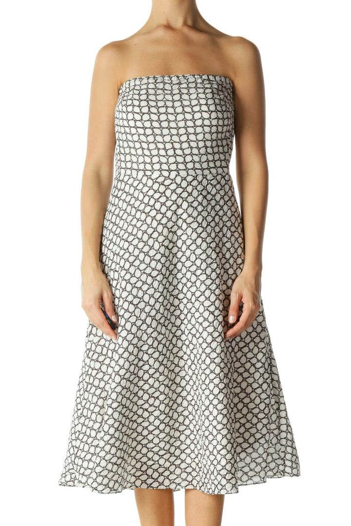 White & Brown Patterned Strapless Dress