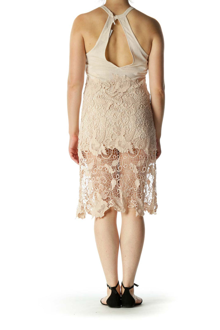 Back view of Free People cream lace overlay sleeveless midi dress with keyhole detail