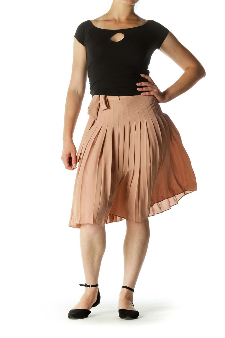 Beige Pleated Belted Zippered Mid-Length Skirt