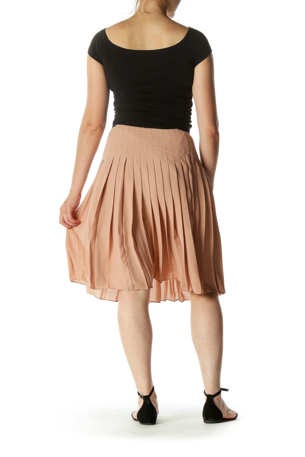 Beige Pleated Belted Zippered Mid-Length Skirt