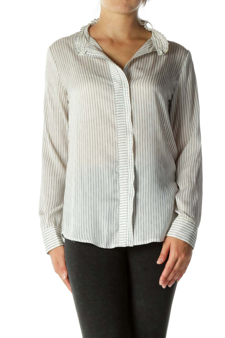 Gray White Striped Trim Pleating Detail Shirt