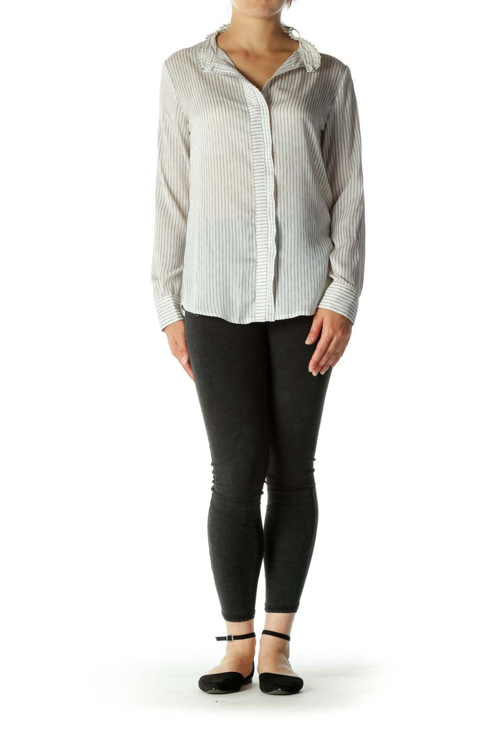 Gray White Striped Trim Pleating Detail Shirt