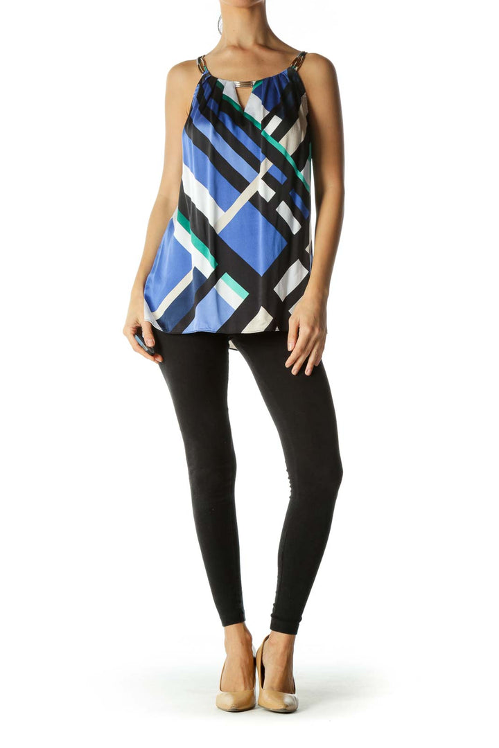 Blue Black Green Silk Neck Detail Tank