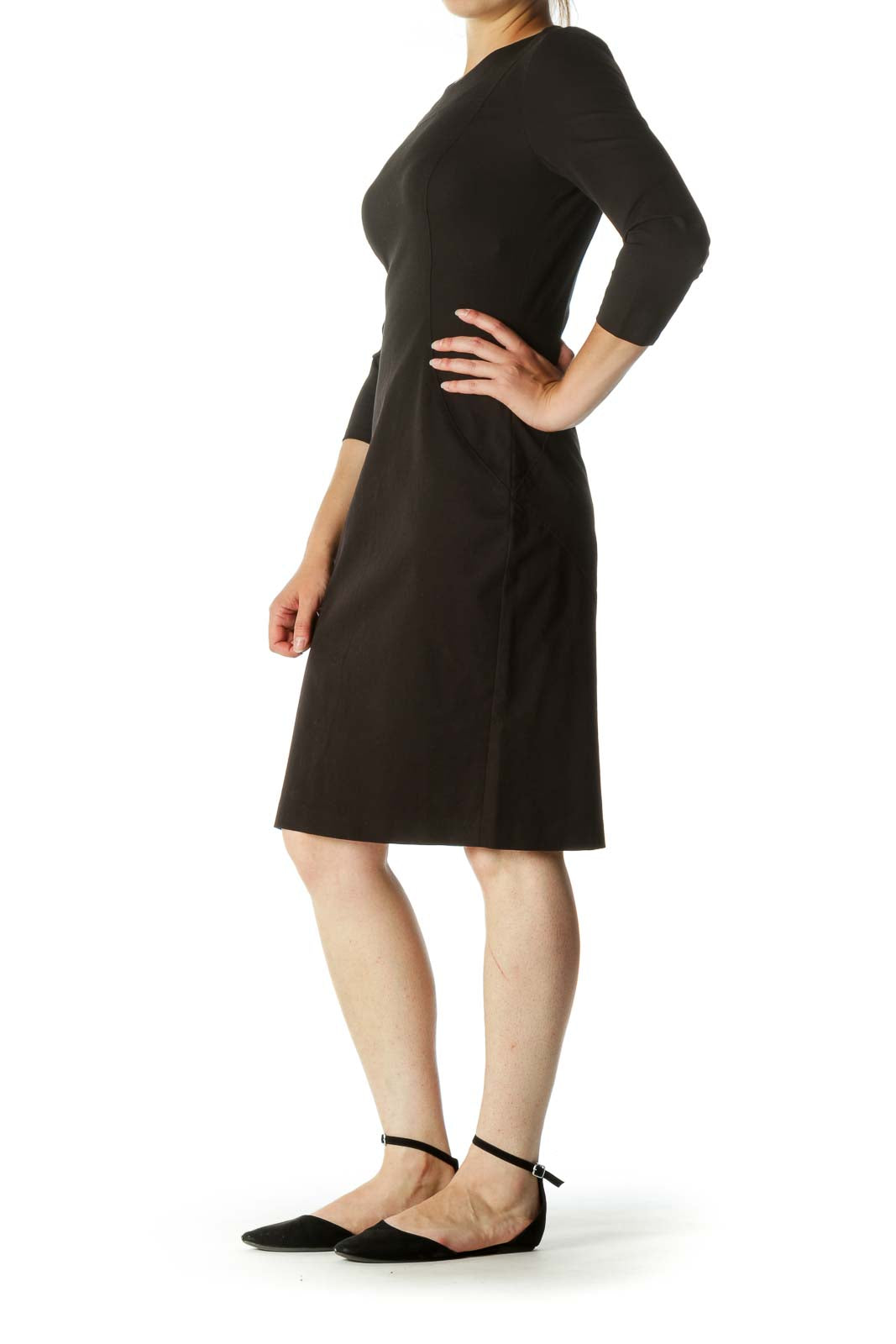 Black Round Neck Stitching Detail Long Sleeve Stretch Work Dress