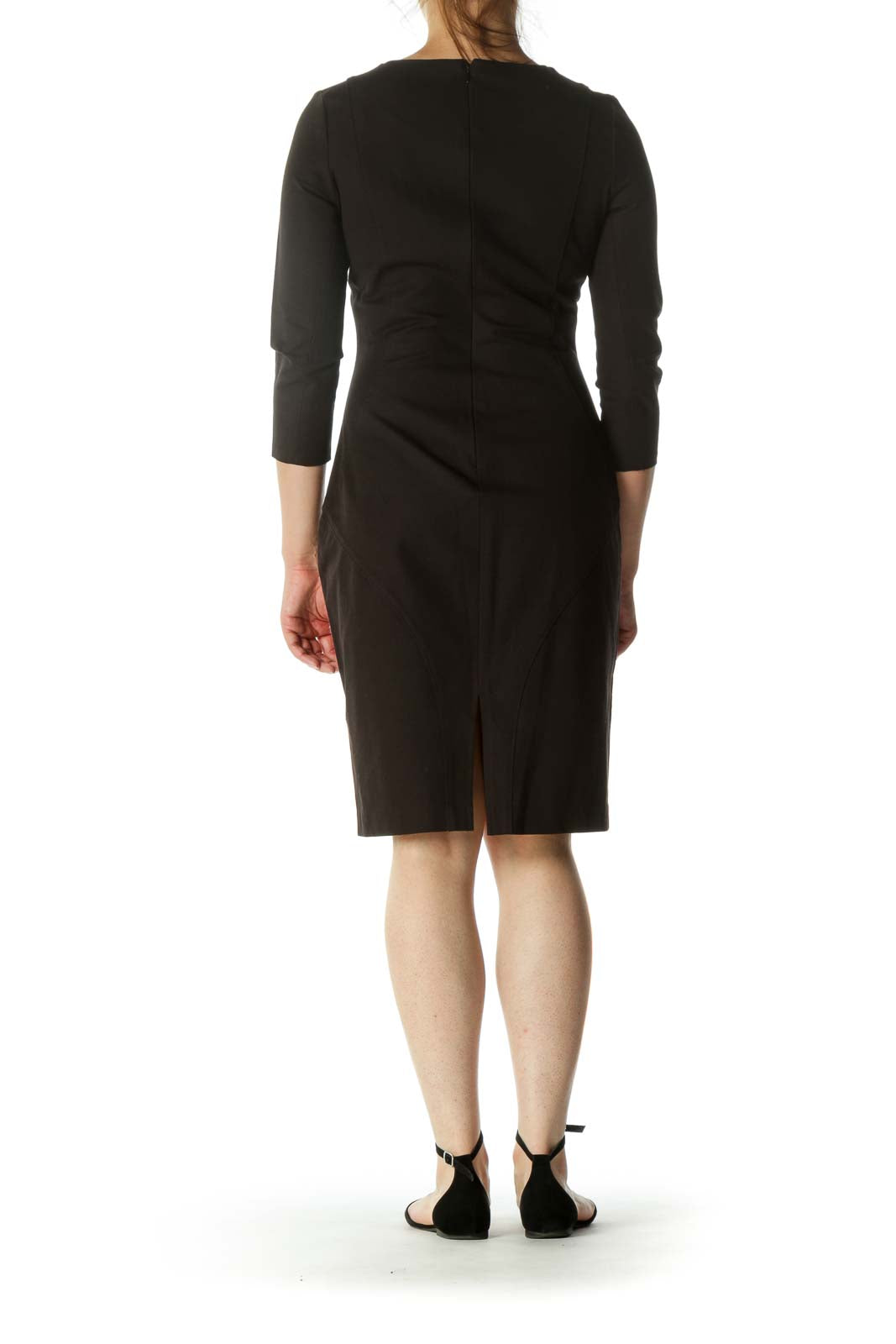 Black Round Neck Stitching Detail Long Sleeve Stretch Work Dress