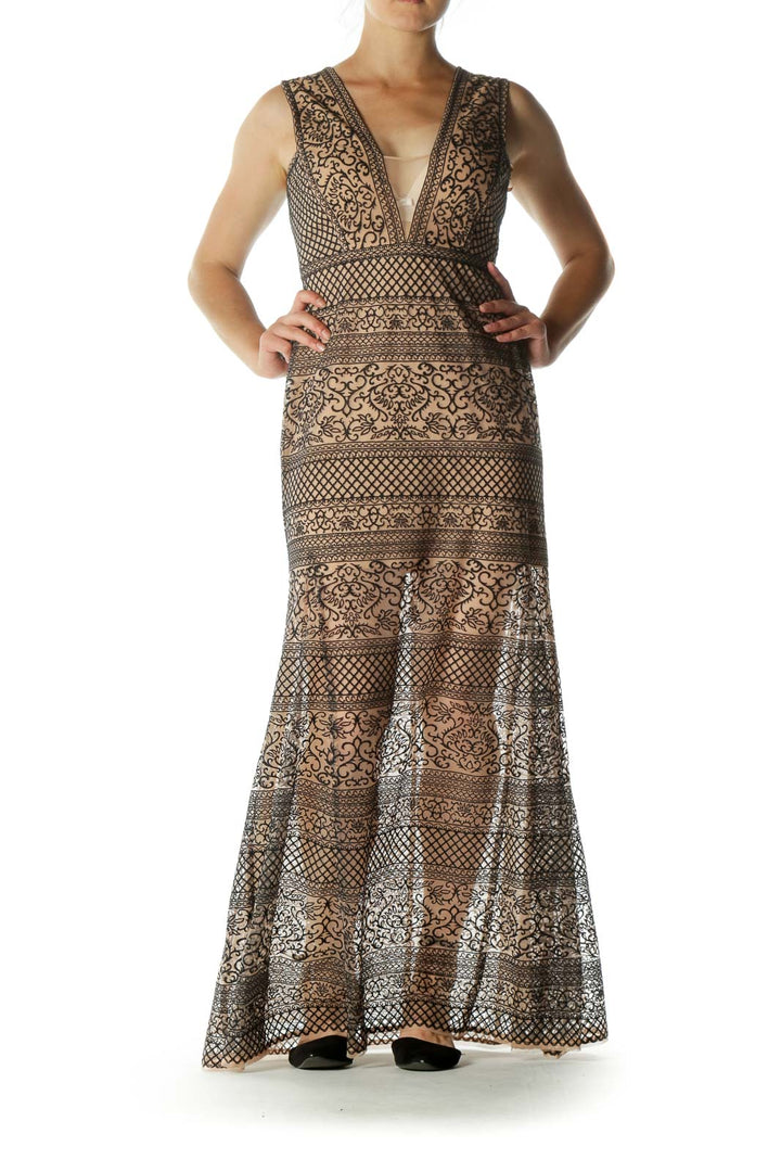 Tan Black V-Neck Lace Mesh Knit Body Evening Dress