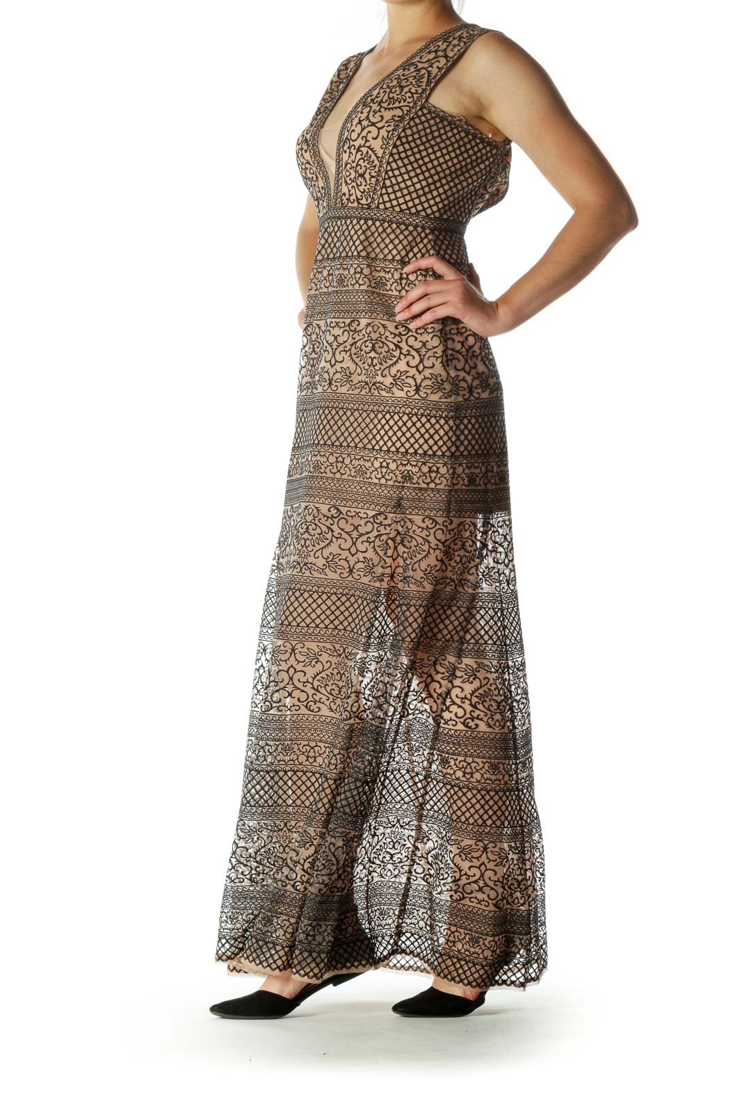 Tan Black V-Neck Lace Mesh Knit Body Evening Dress