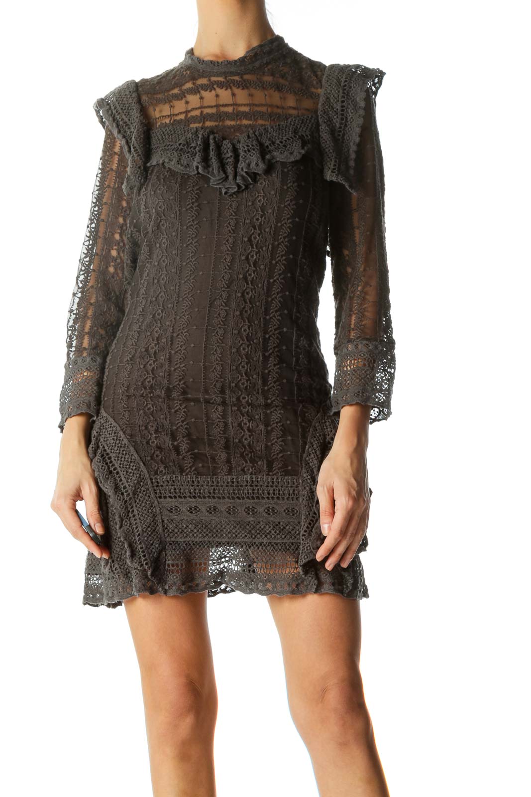 Front view of Free People brown lace knit mini dress with ruffle detail