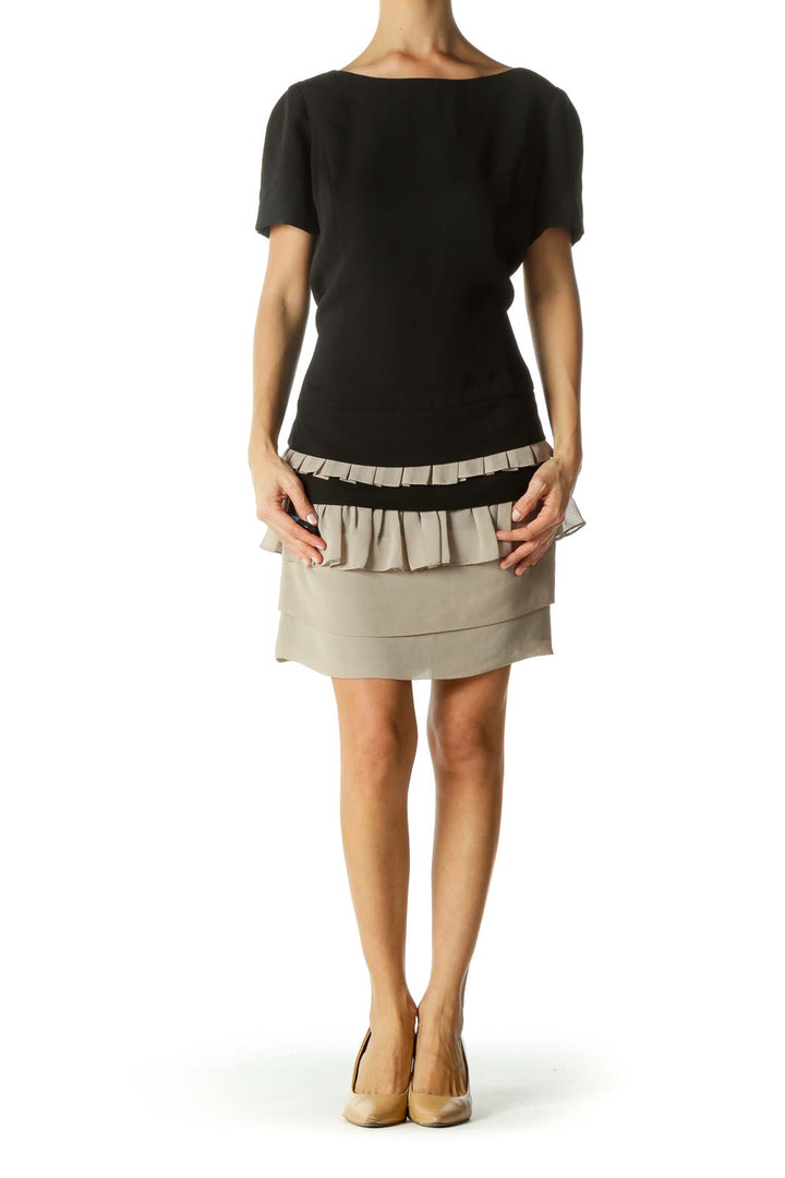 Black Beige Round Neck Short Sleeve Flared Cocktail Dress