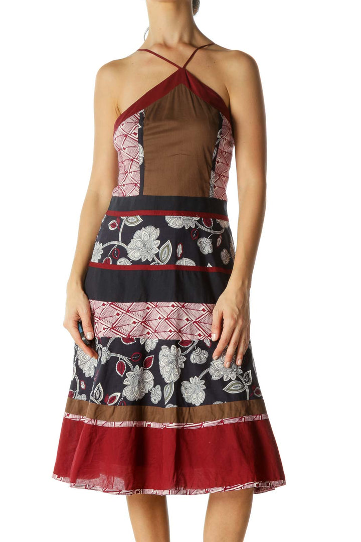 Red & Blue Strappy Halter Printed Dress