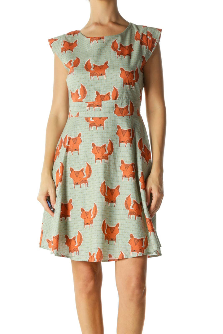 Green Orange Blue Fox Print Cap Sleeves Belted Dress