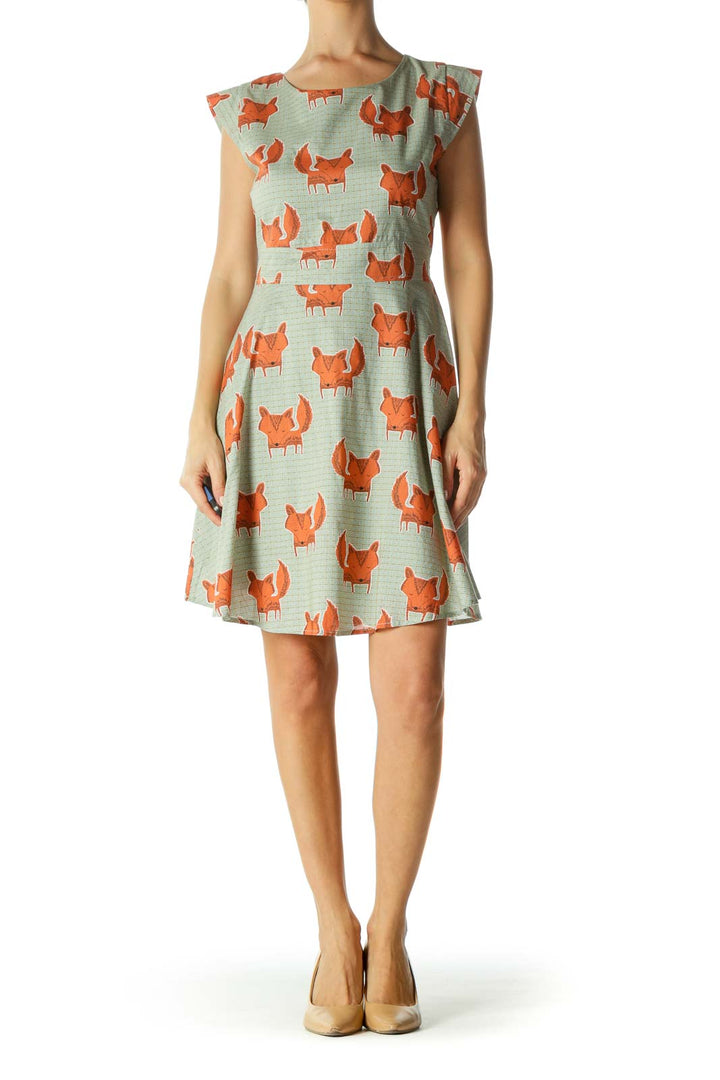 Green Orange Blue Fox Print Cap Sleeves Belted Dress