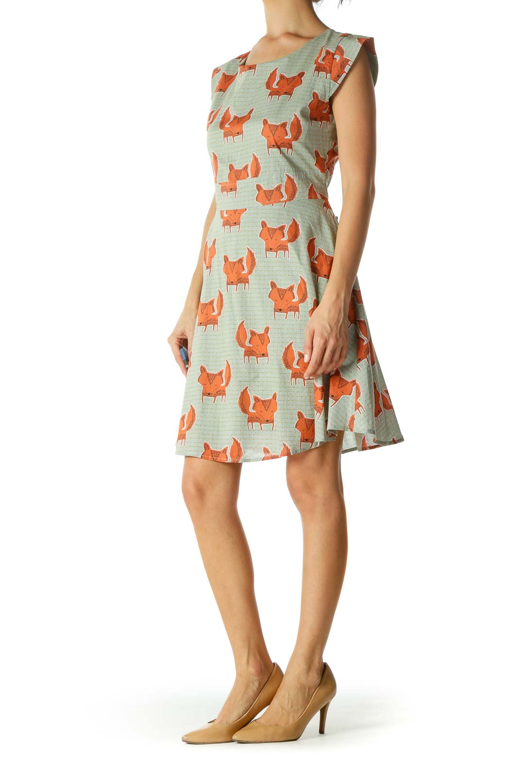 Green Orange Blue Fox Print Cap Sleeves Belted Dress