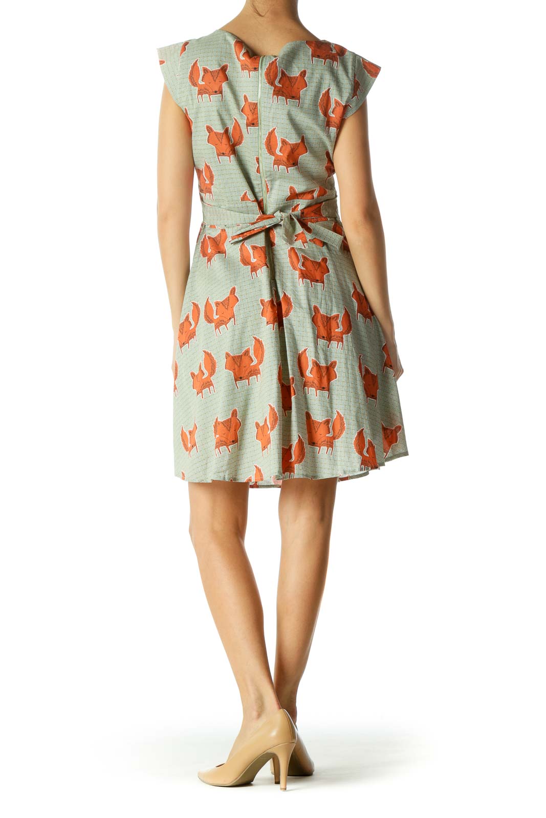 Green Orange Blue Fox Print Cap Sleeves Belted Dress