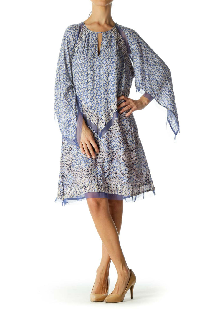 Blue Beige Floral Print Lace Detail Stretch Day Dress