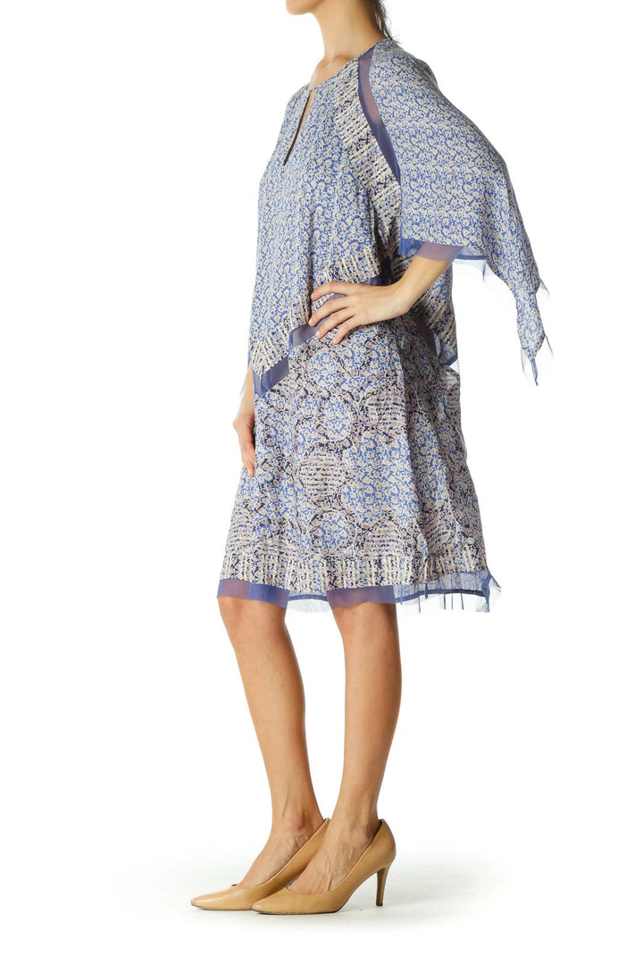 Blue Beige Floral Print Lace Detail Stretch Day Dress