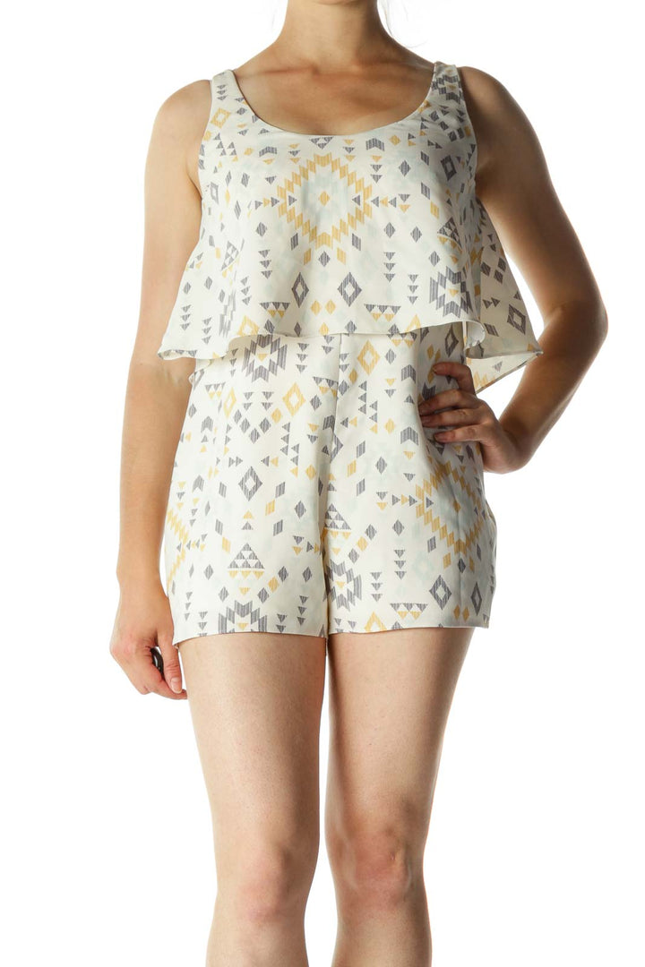 Cream Blue Yellow Print Flared Back V Romper