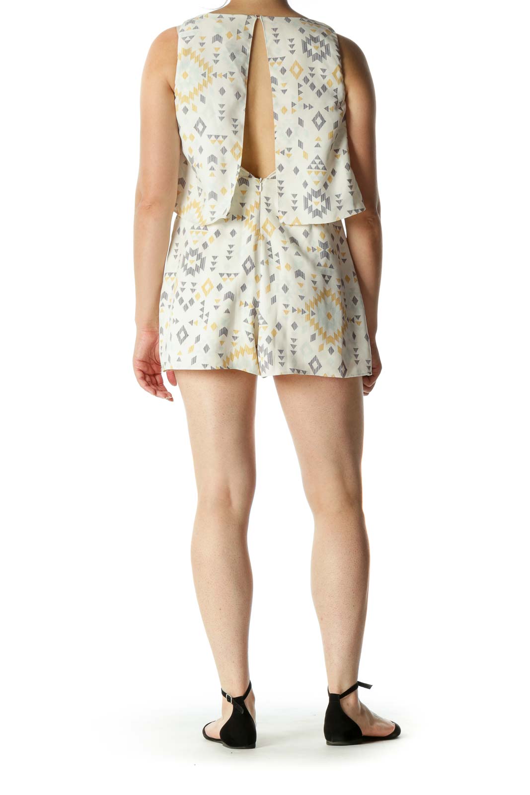 Cream Blue Yellow Print Flared Back V Romper