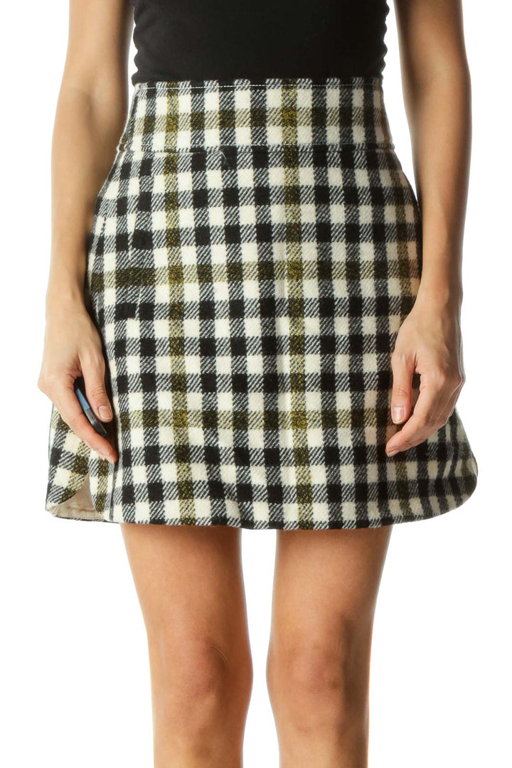 Black and Cream Plaid Flared Skirt