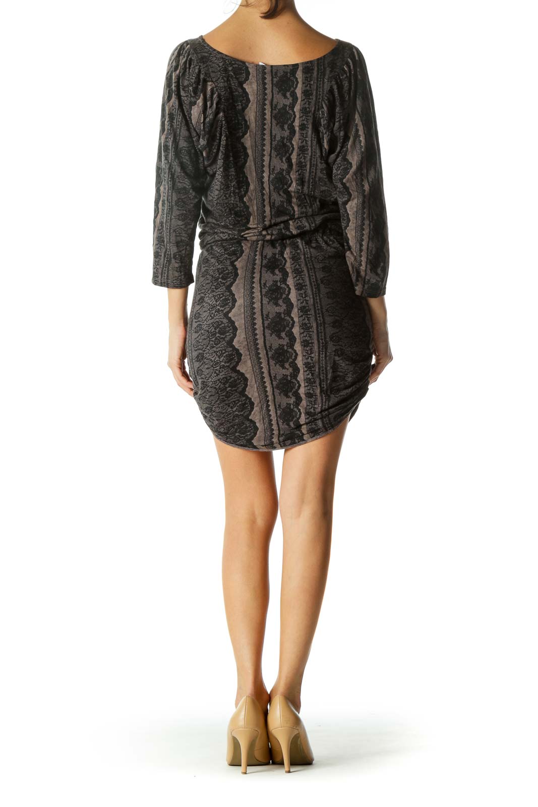 Black Brown Silk Blend Lace Print 3/4 Sleeve Stretch Day Dress