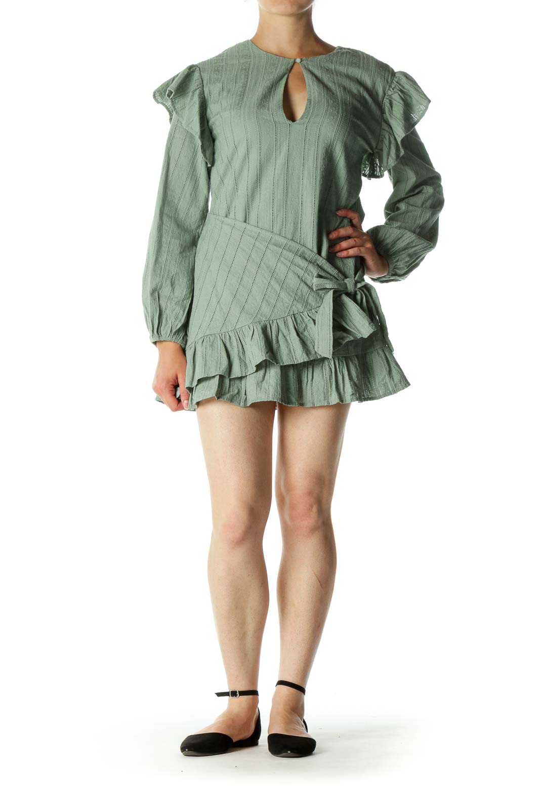 Green Textured Knitted Long Sleeve Front Wrap Dress