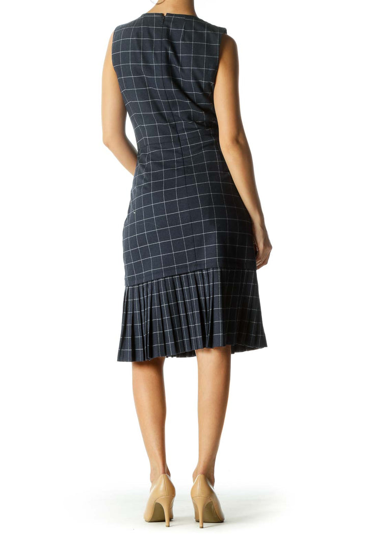 Navy Blue Round Neck Wool Blend Pocketed Pleated Work Dress