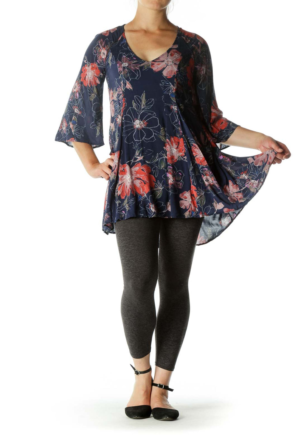 Front view of Free People navy floral tunic dress with bell sleeves