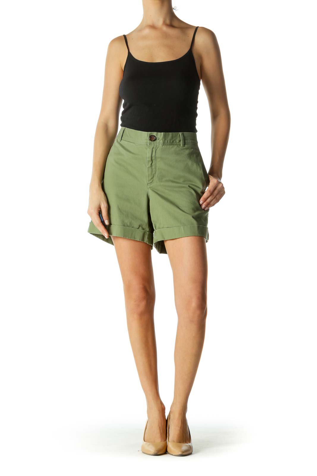 Green Pocketed Folded Hem Shorts