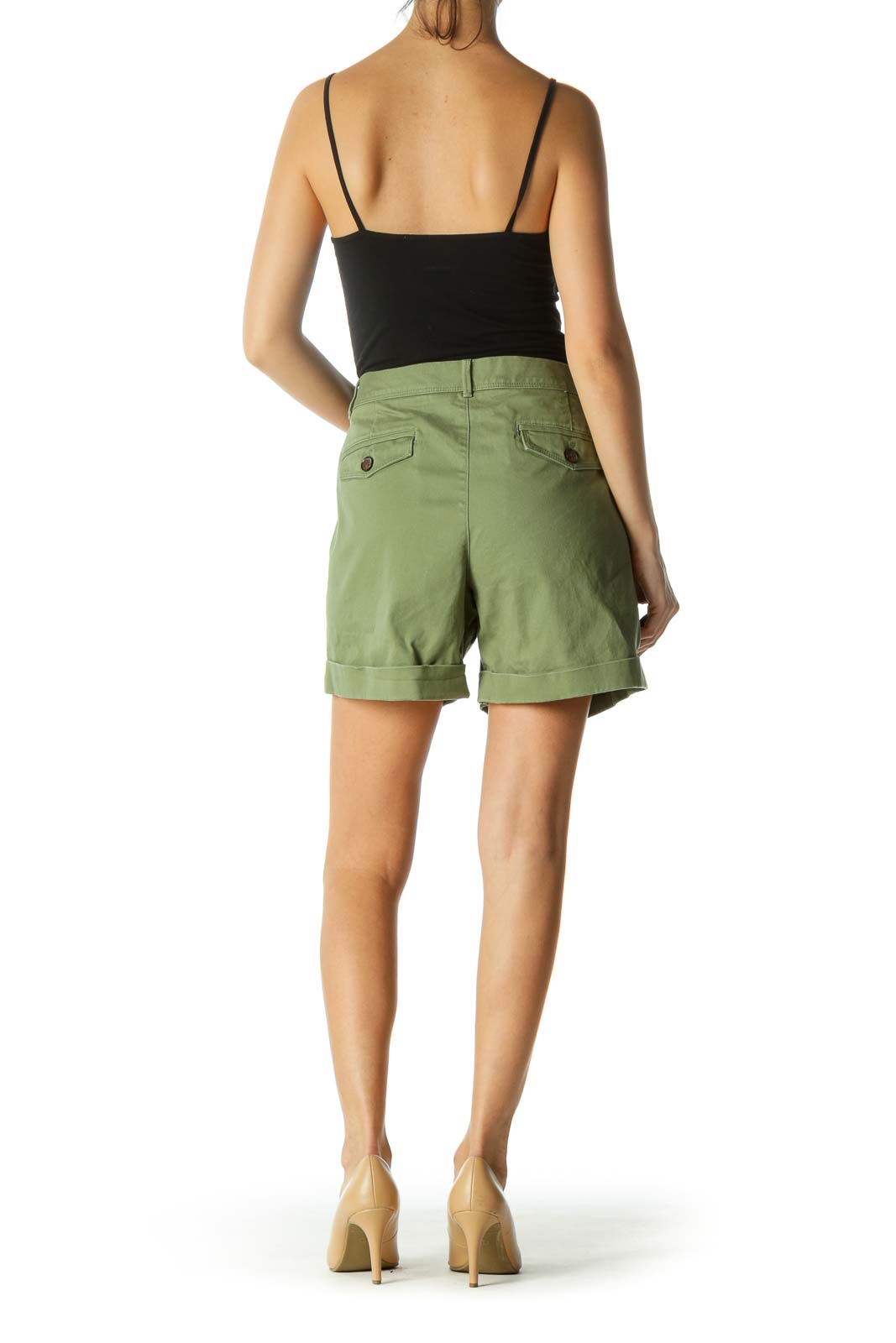 Green Pocketed Folded Hem Shorts