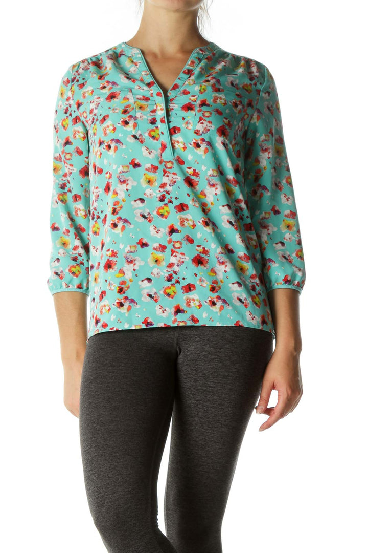 Multicolored V-Neck Print Pockets Shirt