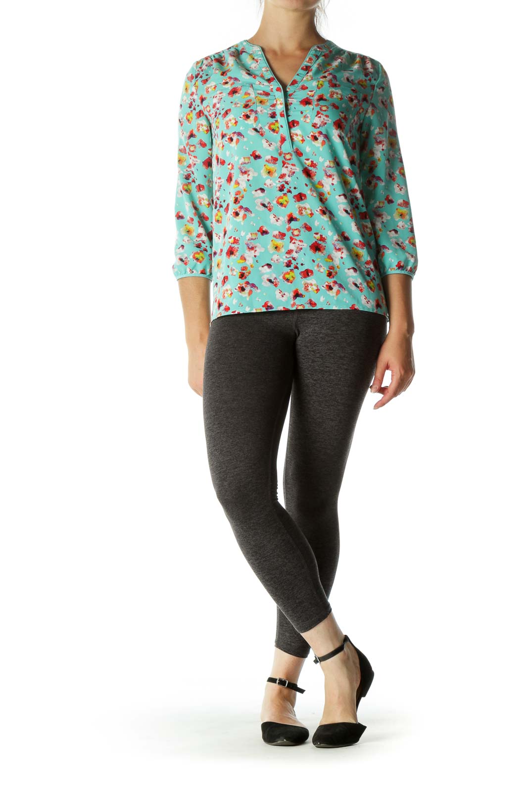 Multicolored V-Neck Print Pockets Shirt