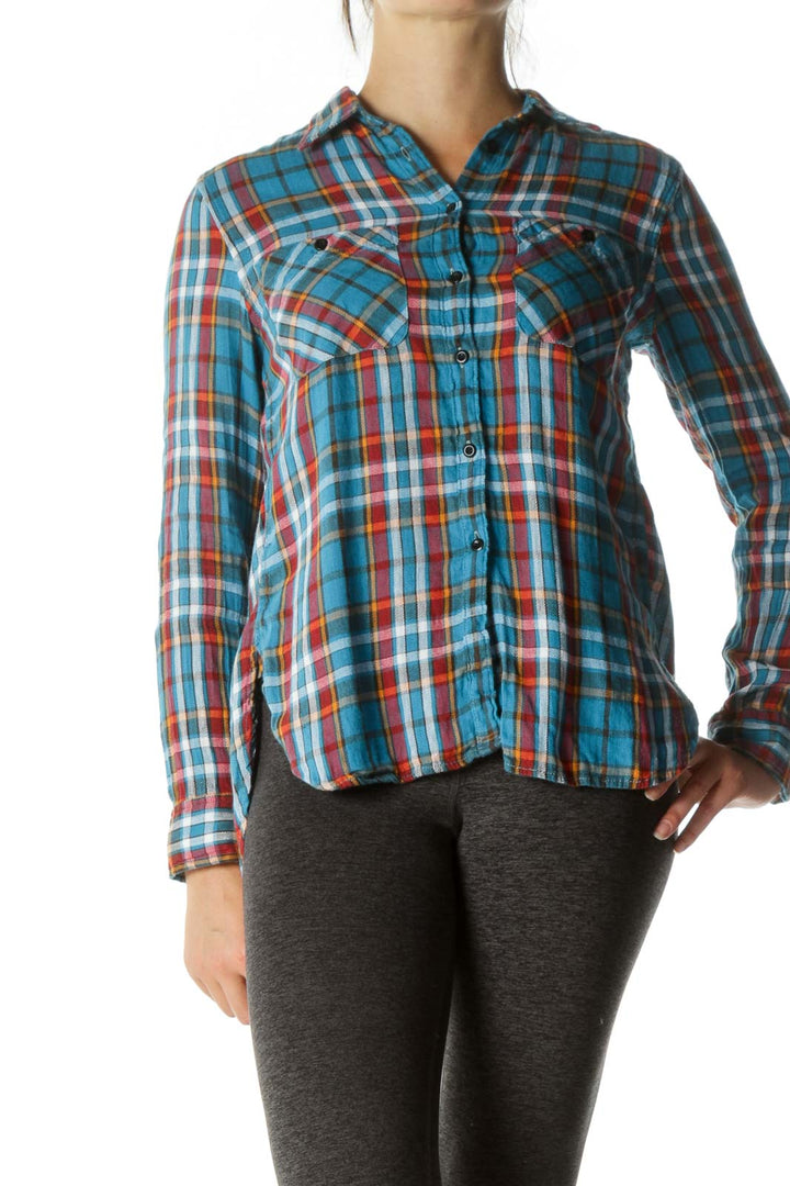 Multicolored Linen Cotton Blend Plaid Pocketed Shirt