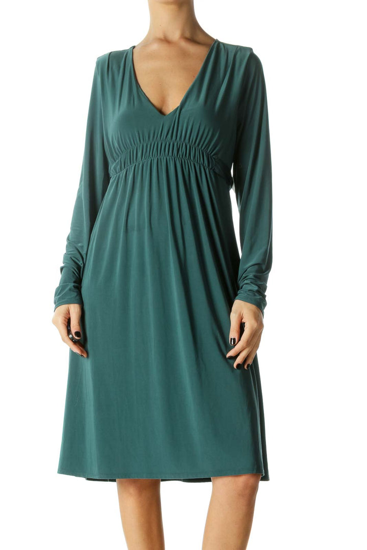 Green Elastic Empire Waist Deep V-Neck Dress