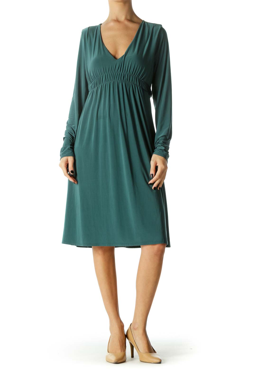 Green Elastic Empire Waist Deep V-Neck Dress