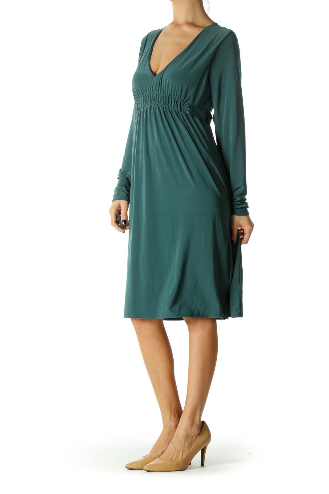 Green Elastic Empire Waist Deep V-Neck Dress