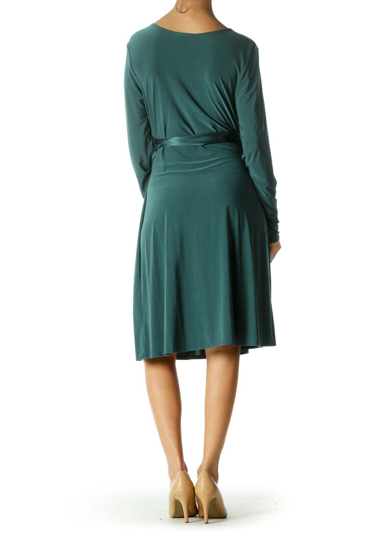 Green Elastic Empire Waist Deep V-Neck Dress