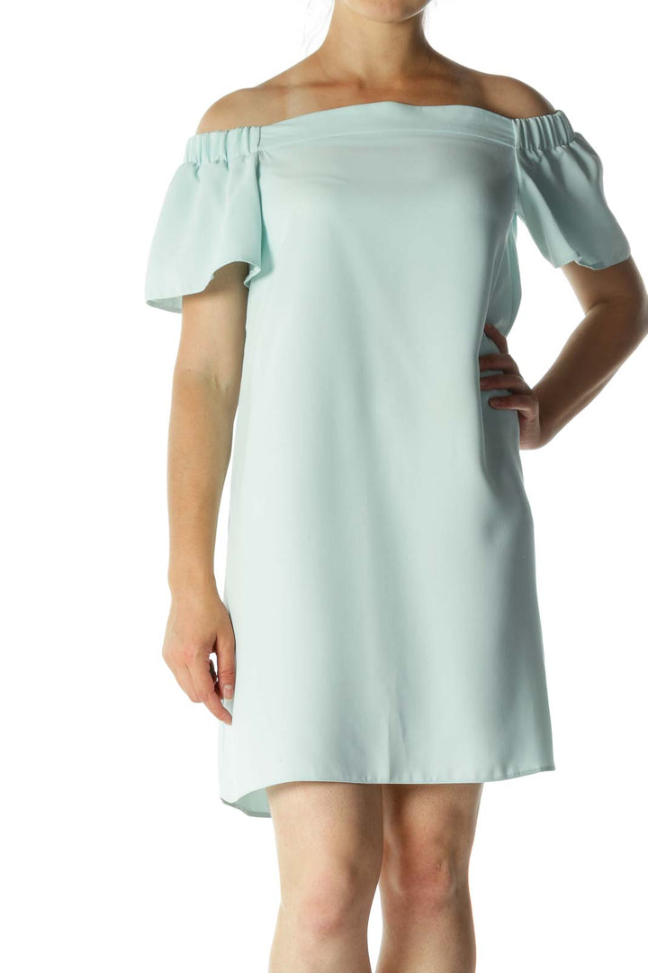 Mint Green Pleated Arm Off-Shoulder Dress