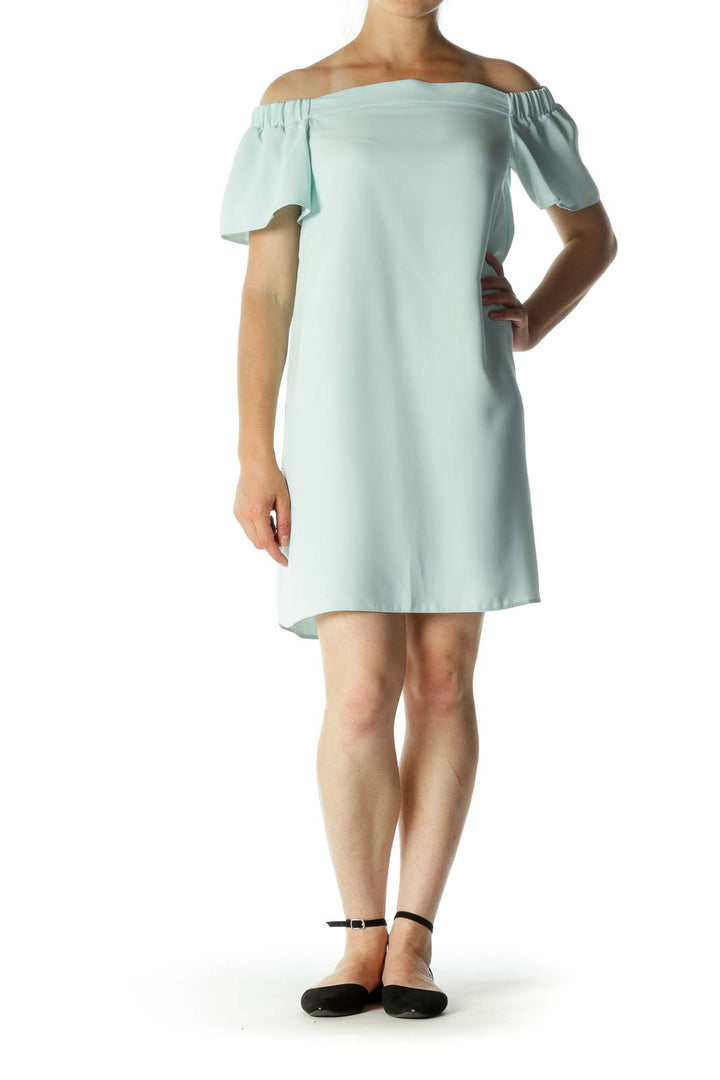 Mint Green Pleated Arm Off-Shoulder Dress