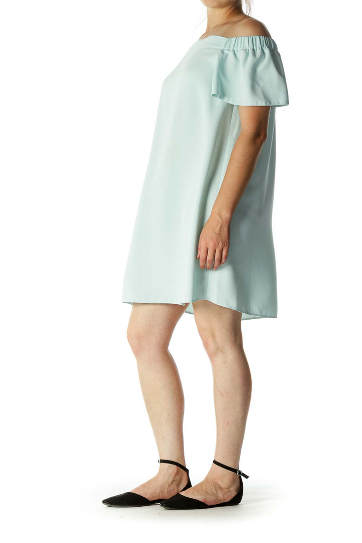 Mint Green Pleated Arm Off-Shoulder Dress