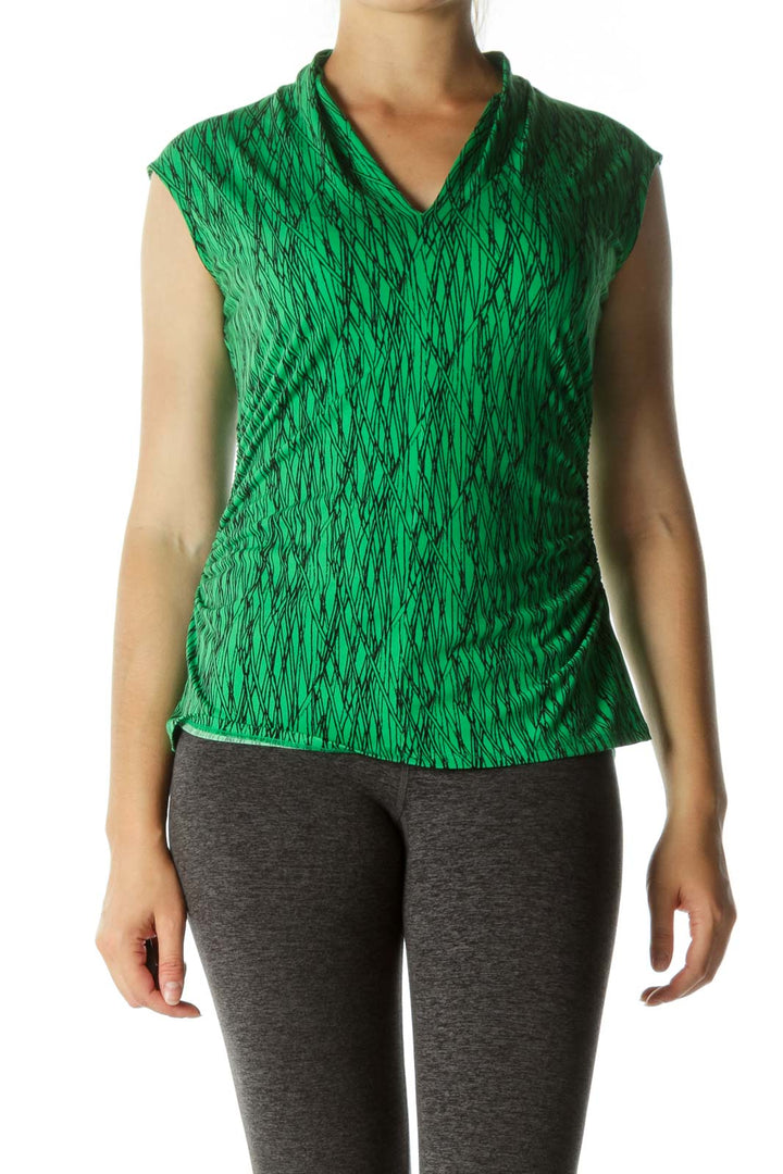 Green Black Pattern Side Ruched Top