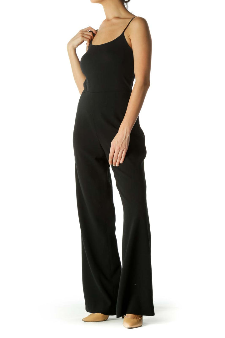 Black Wool Blend Textured Wide Leg Cinched Waist Pants