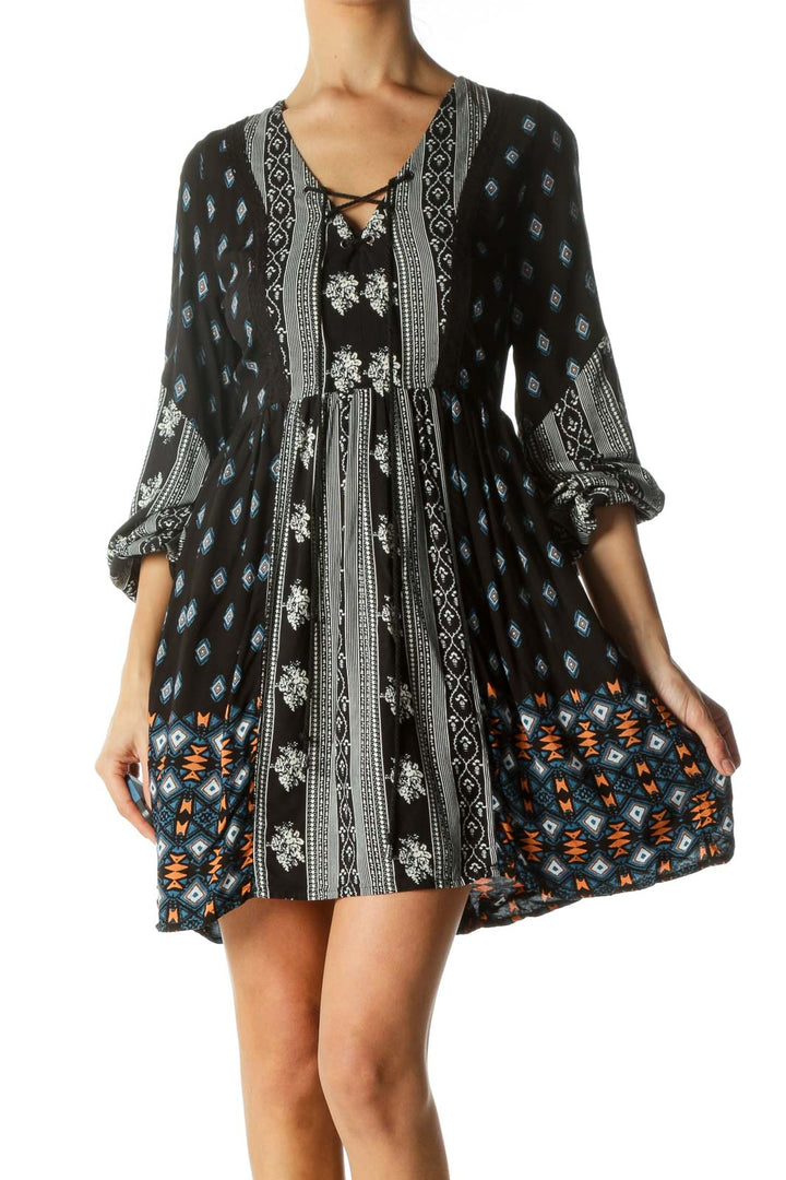 Black Printed Drawstring Day Dress